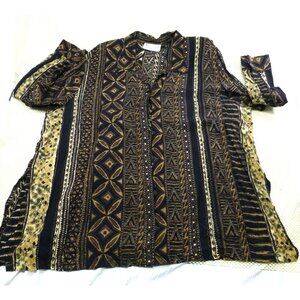 VTG A Personal Touch Womens 4X Button-Up Shirt Black/Gold Tribal Pattern 100% Ra